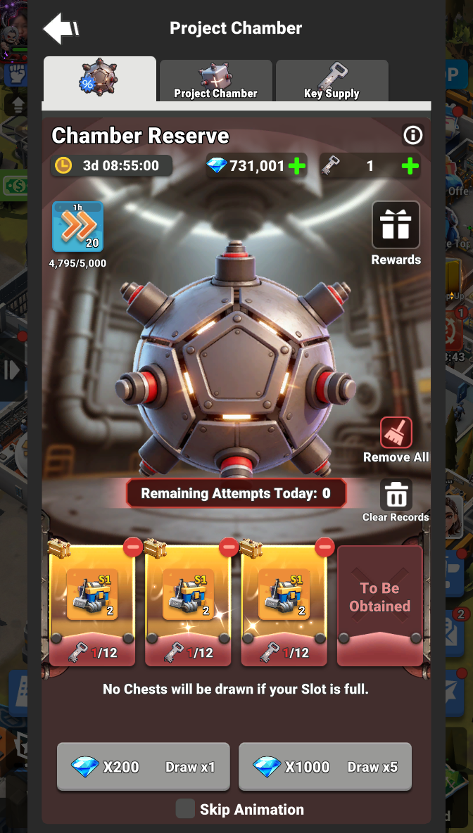 Chamber Reserve event screen showing four item slots, Rewards, and Draw controls.