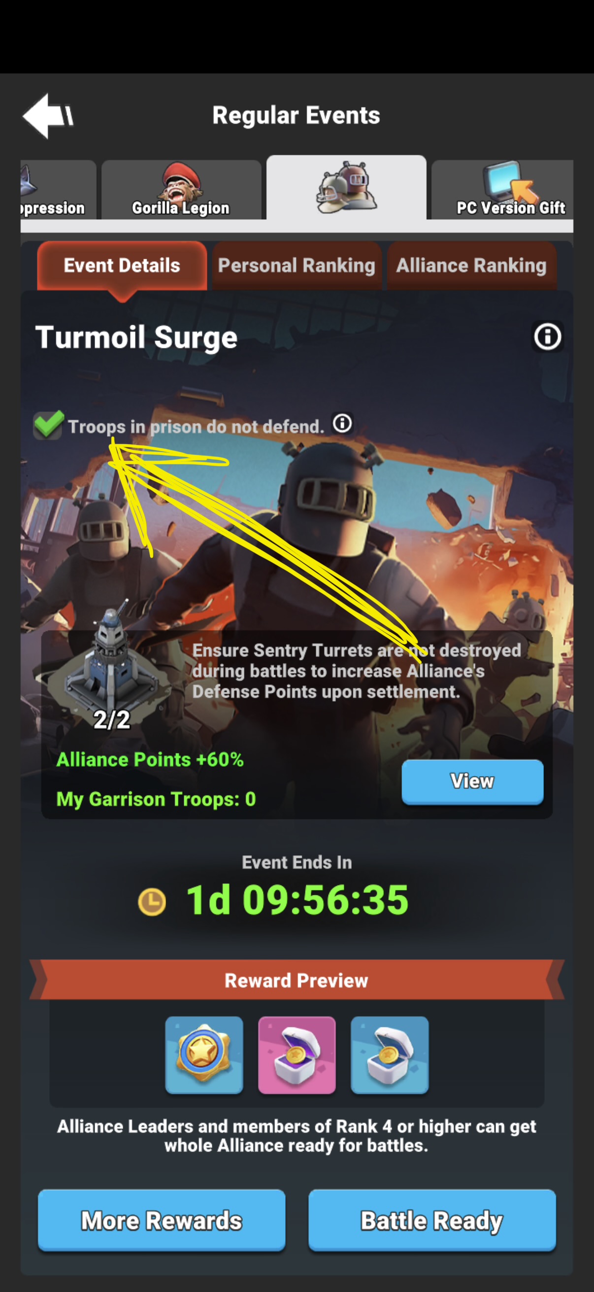 Turmoil Surge event screen highlighting the green-ticked “Troops in prison do not defend” setting.