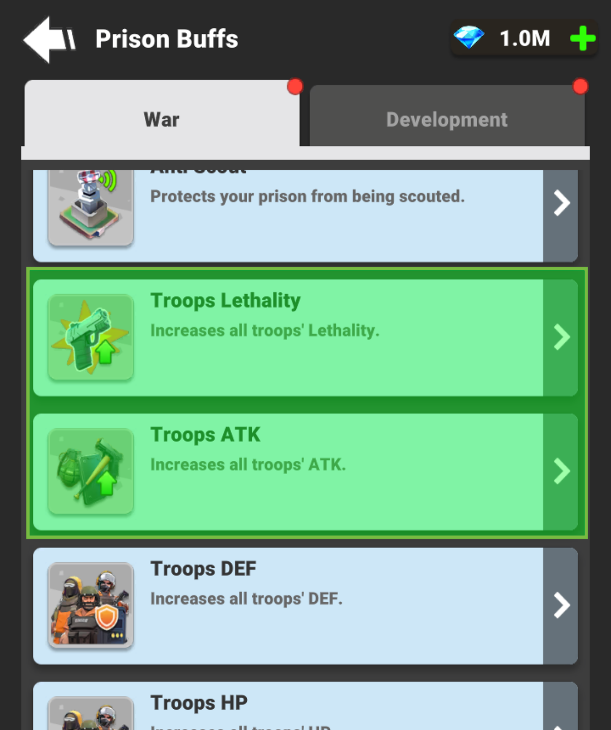 Prison Buffs screen showing Troops Lethality and Troops ATK buffs highlighted in green.