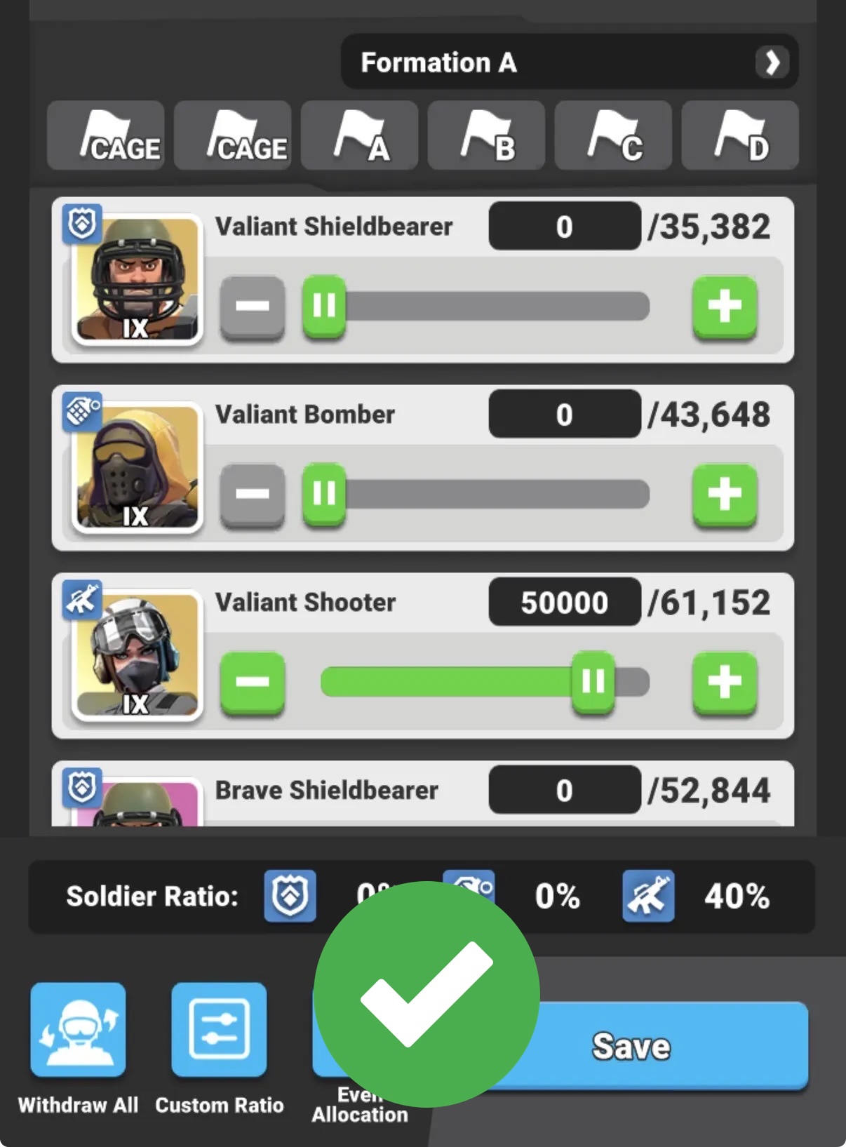 Formation with only level IX Shooter troops selected.