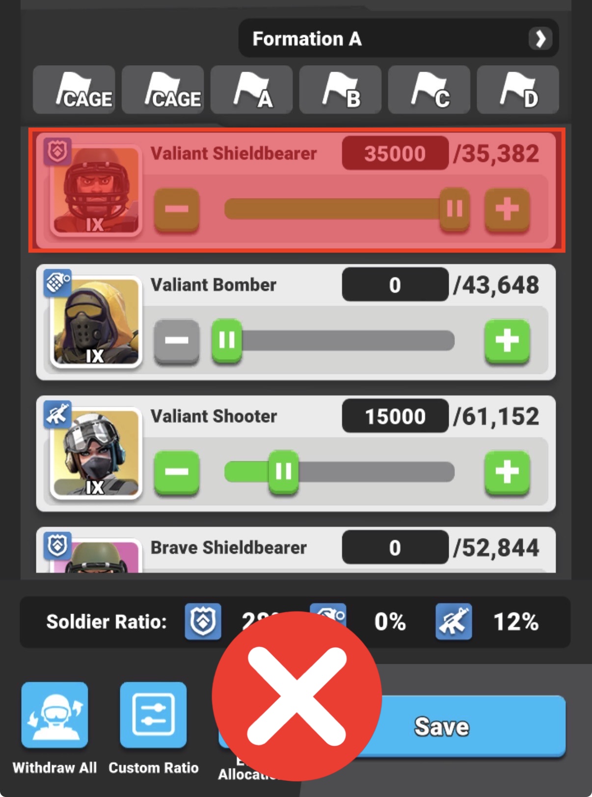 Formation with Shieldbearer troops selected, marked as not allowed.