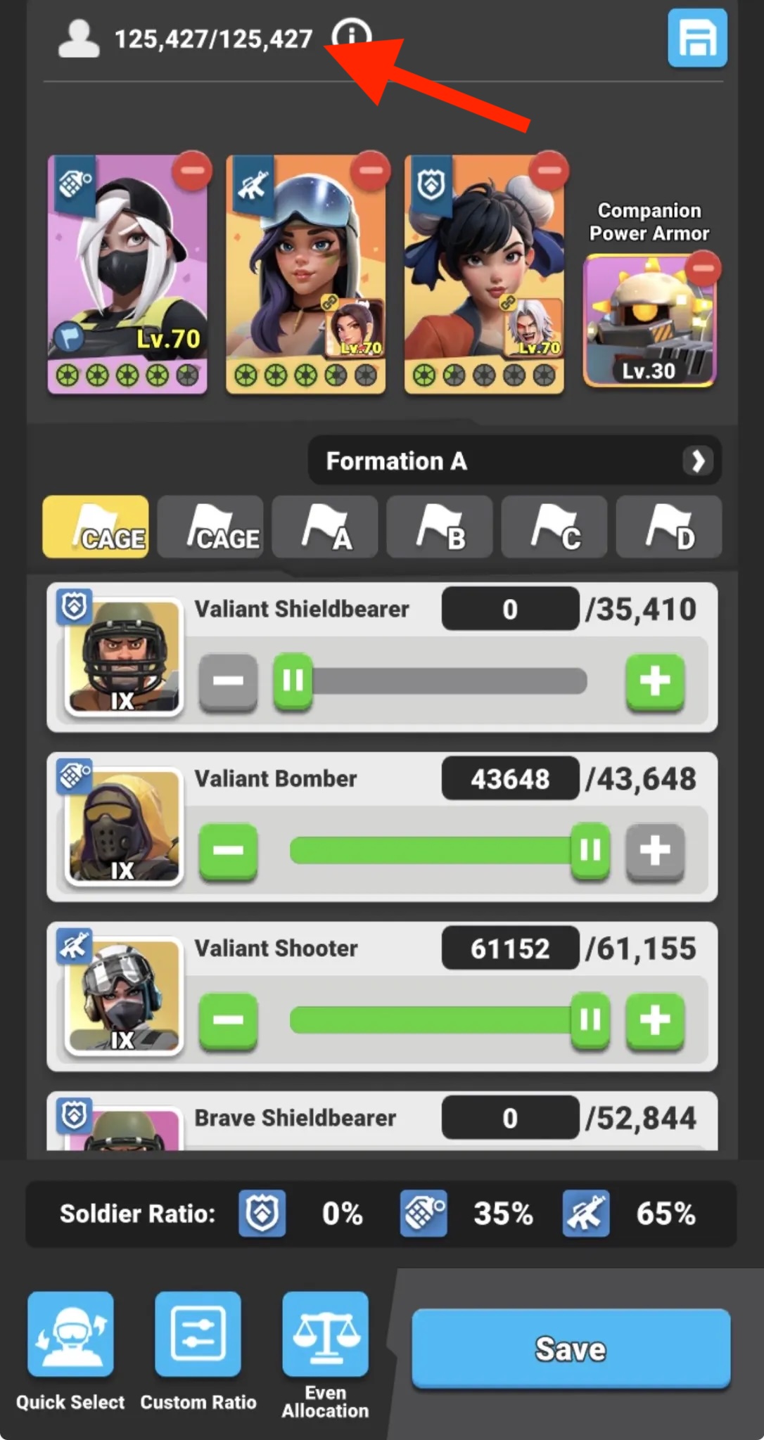 Troop formation screen with a full march and a Shooter-focused troop ratio.
