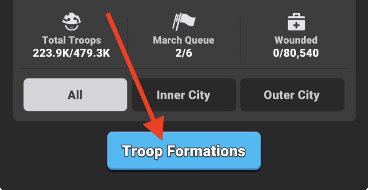Troops screen with the Troop Formations button highlighted.