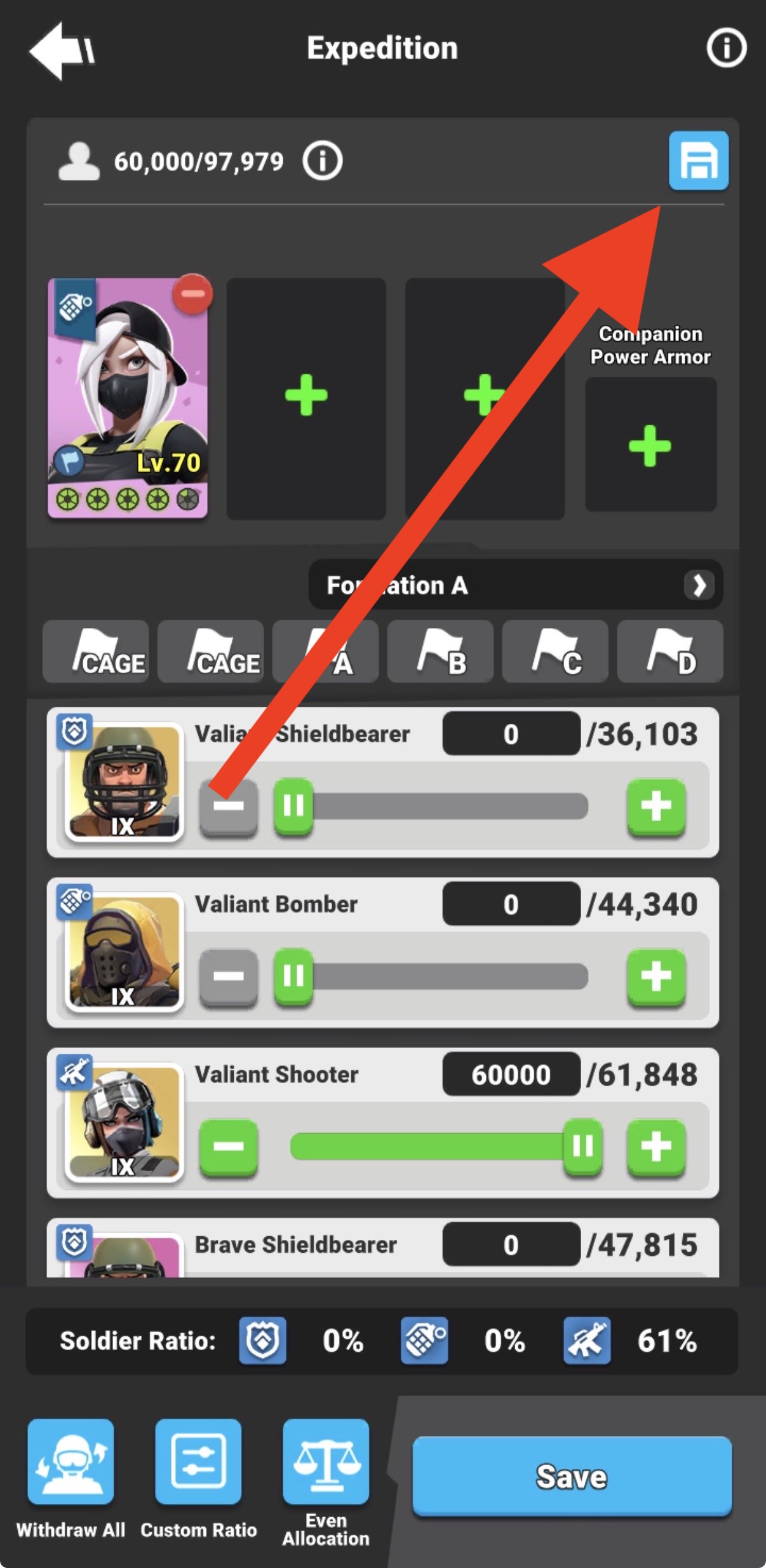 Formation screen with the save button highlighted.