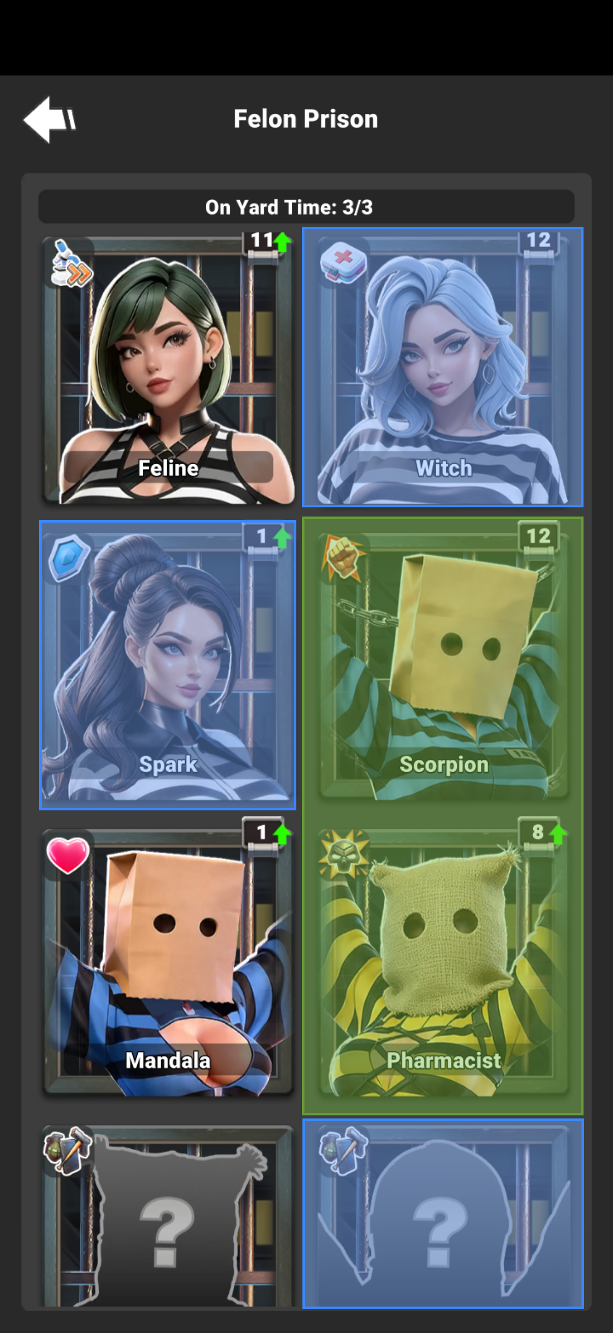 Felon Prison screen with Scorpion and Pharmacist highlighted in green.